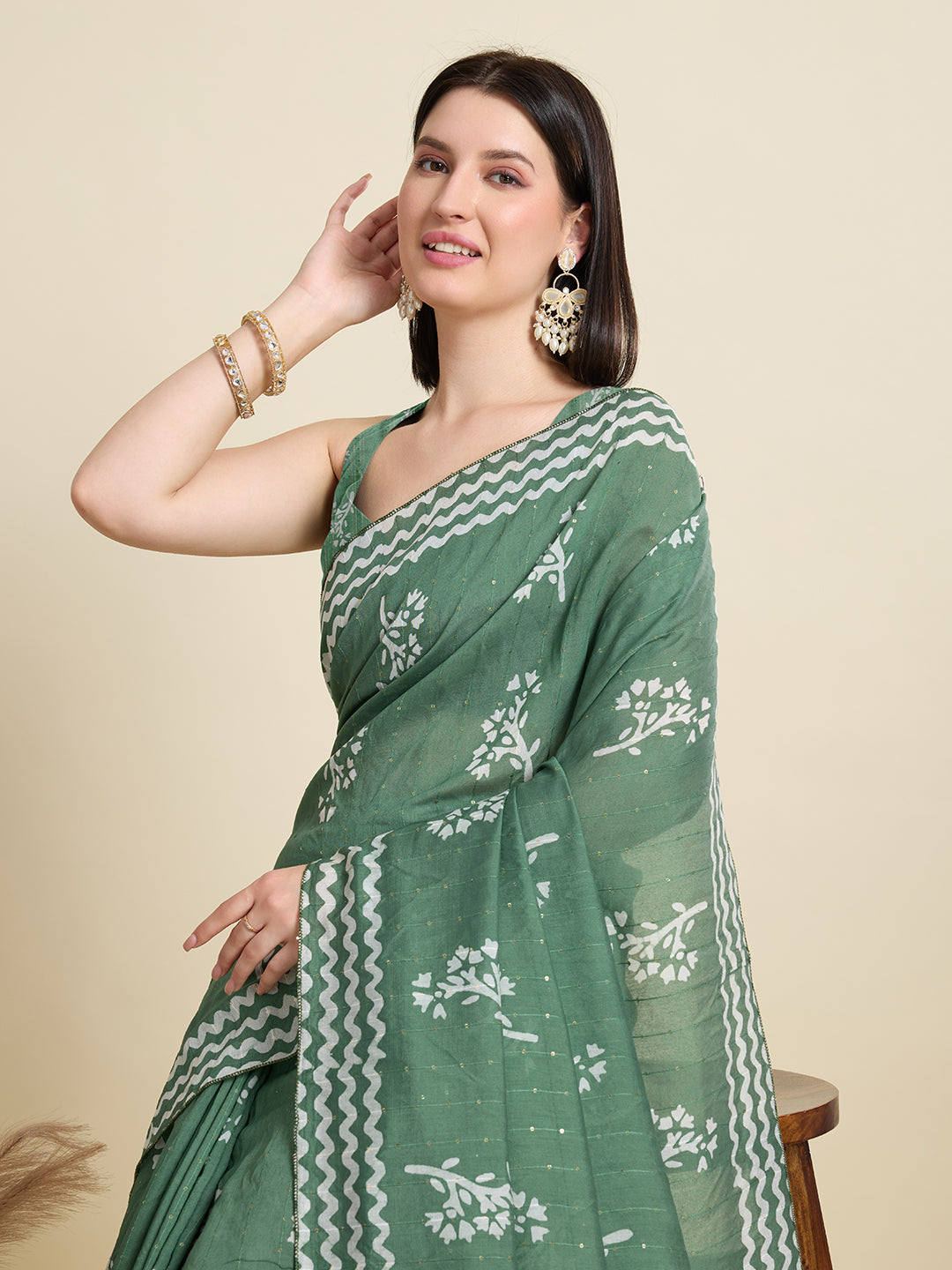 Rama Green Semi-Cotton Sequin Saree – Elegant Choice for Intimate & Grand Weddings
