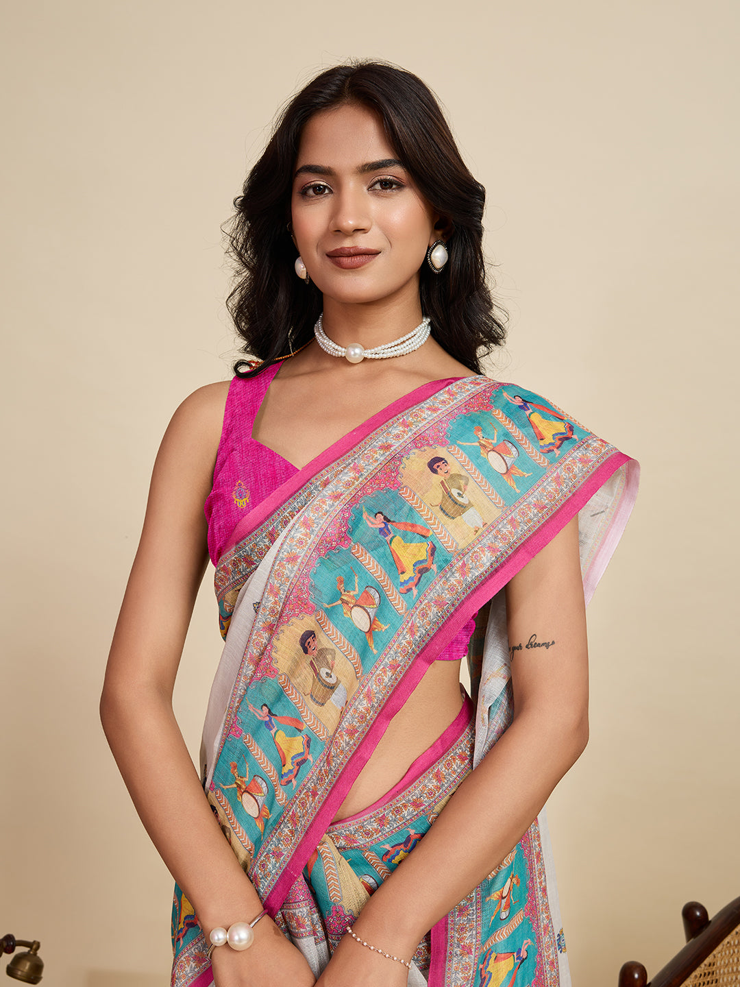 Women's BEIGE Linen Saree with Jari Border and Blouse – Printed All Over Design