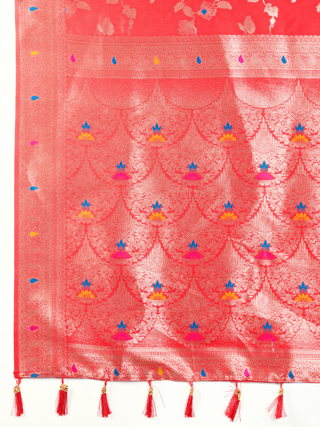 Red Soft Banarasi Silk Saree Featuring Meenakari Zari Weaving & Tassels on Pallu