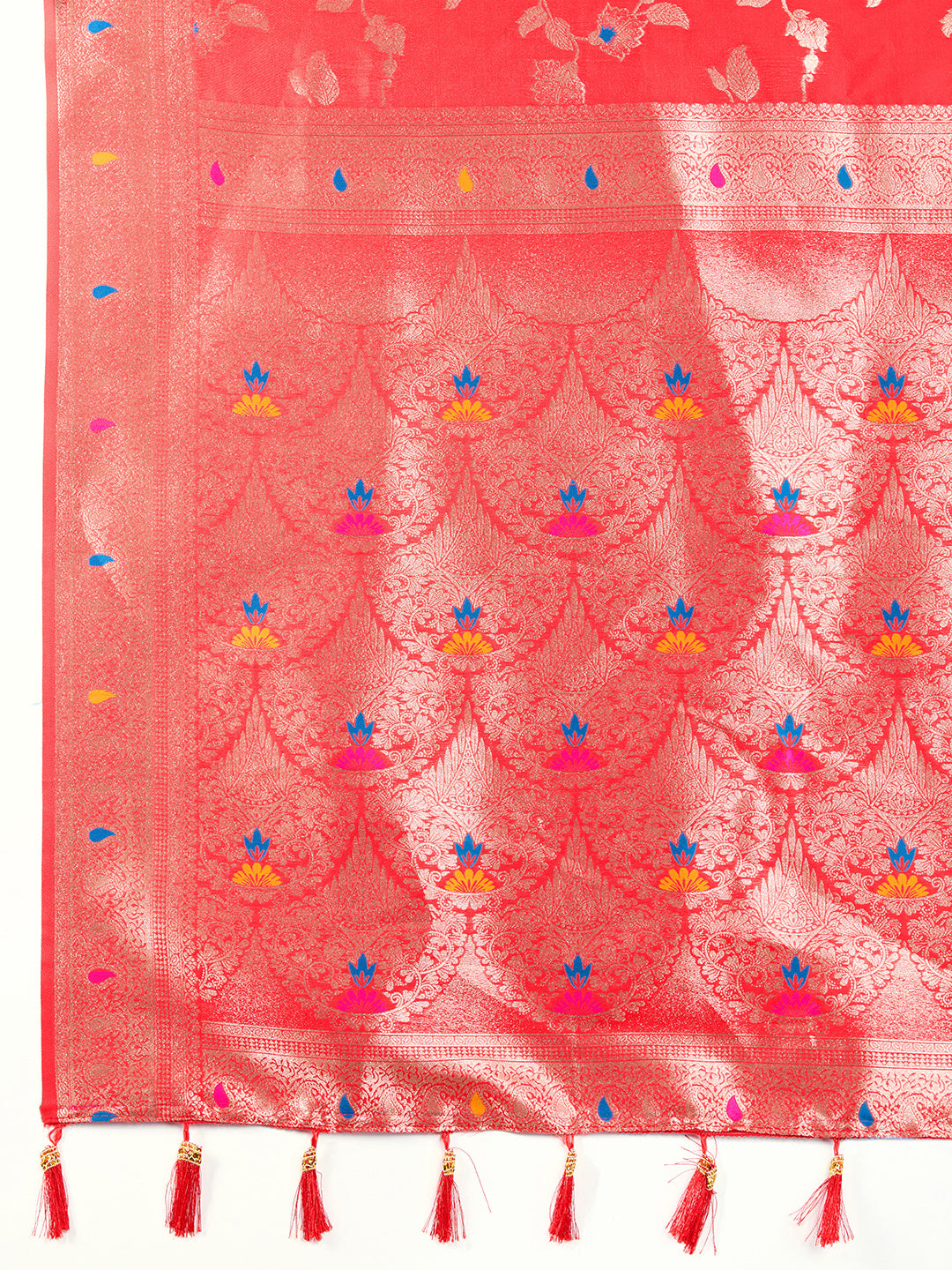 Red Soft Banarasi Silk Saree Featuring Meenakari Zari Weaving & Tassels on Pallu