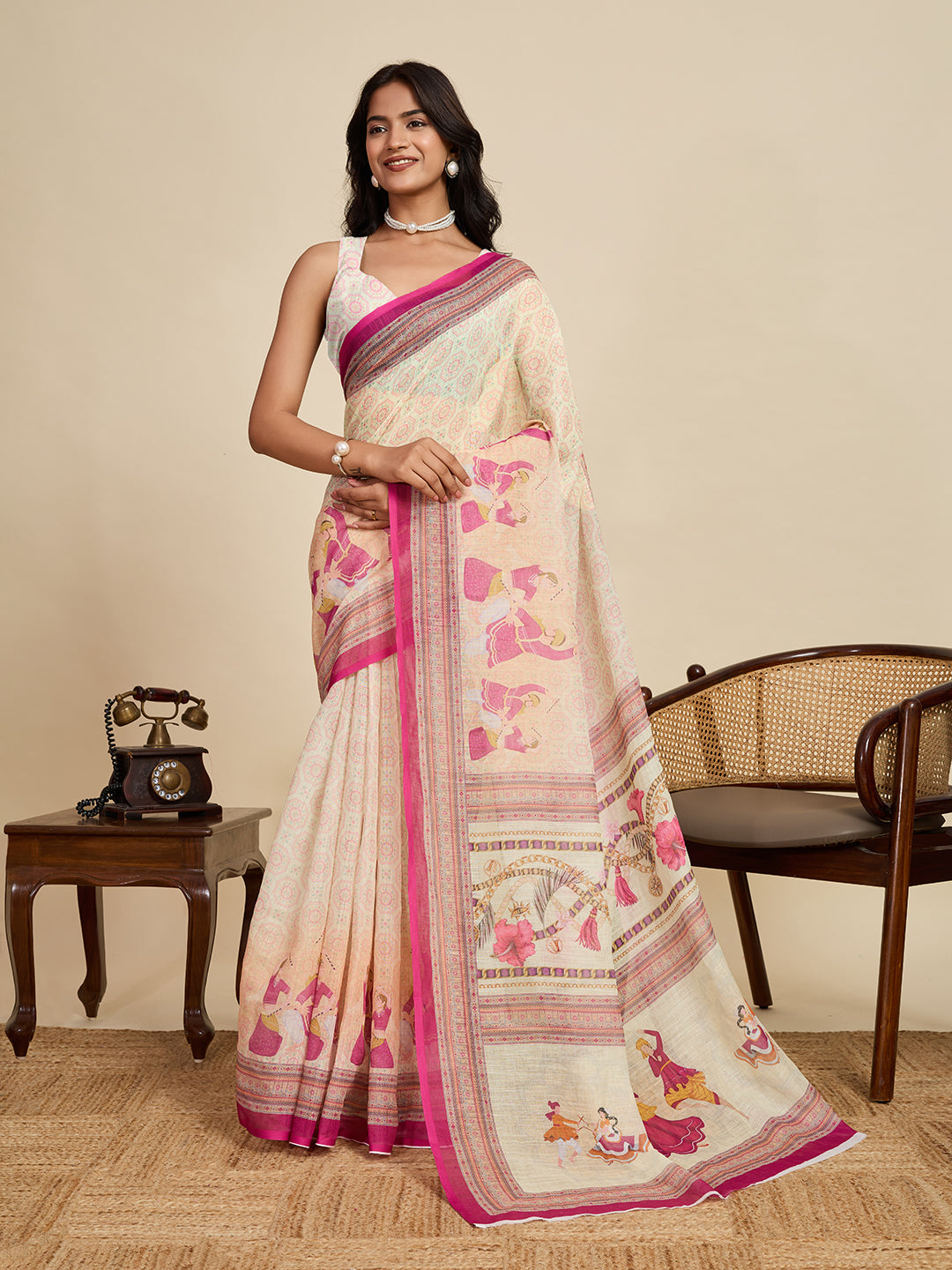 Women's Cream Linen Saree with Jari Border and Blouse – Printed All Over Design