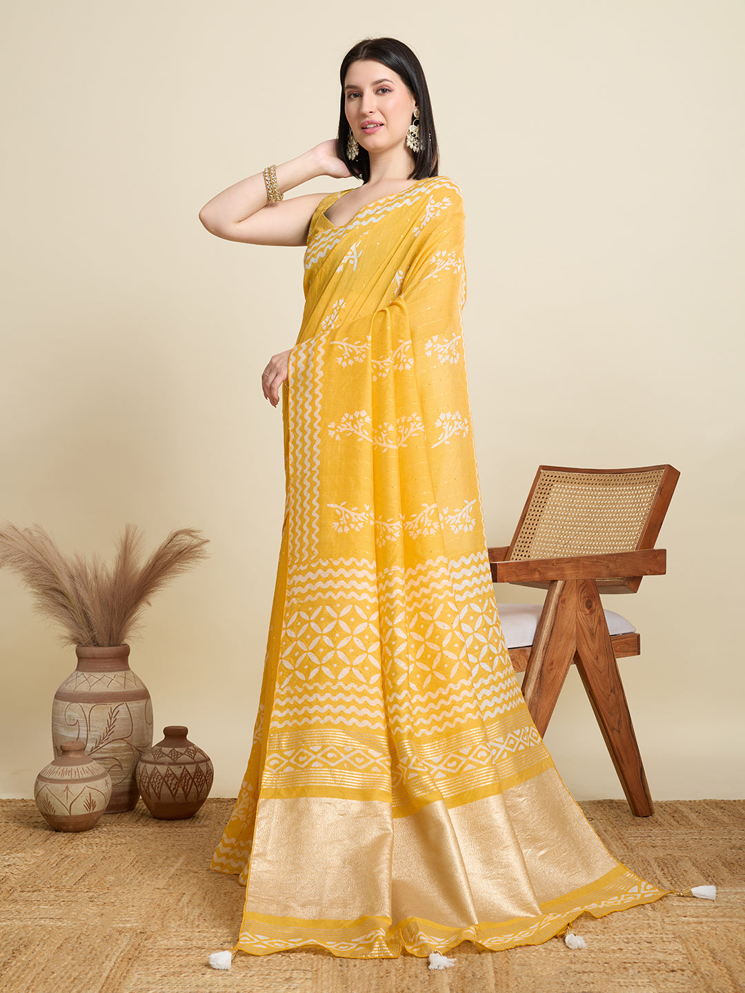Yellow Semi-Cotton Sequin Saree – Elegant Choice for Intimate & Grand Weddings
