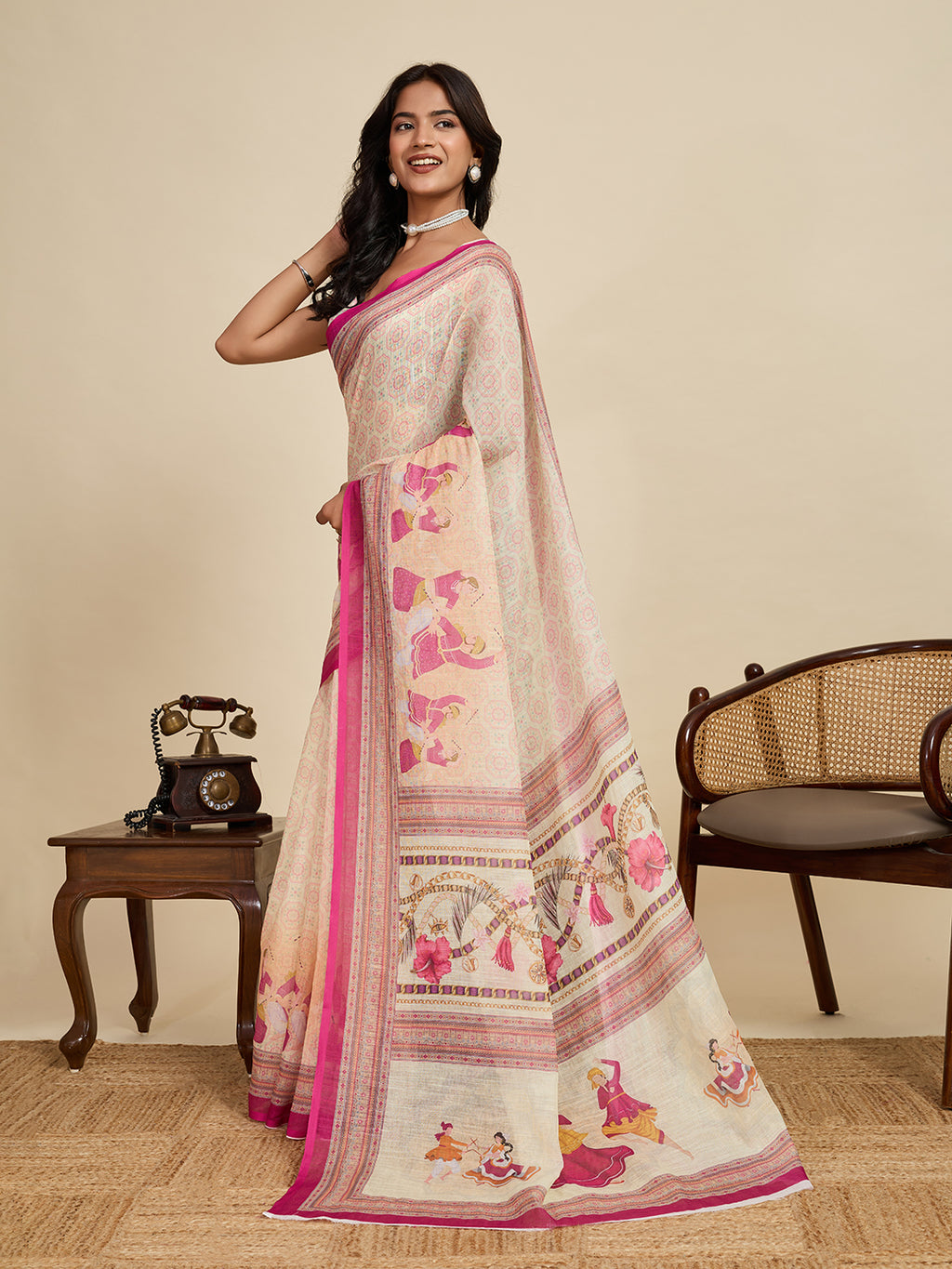 Women's Cream Linen Saree with Jari Border and Blouse – Printed All Over Design