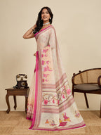 Women's Cream Linen Saree with Jari Border and Blouse – Printed All Over Design