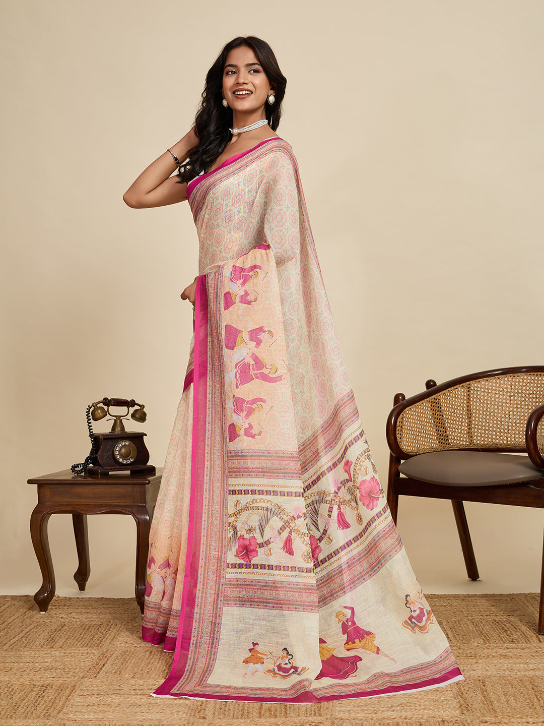 Women's Cream Linen Saree with Jari Border and Blouse – Printed All Over Design