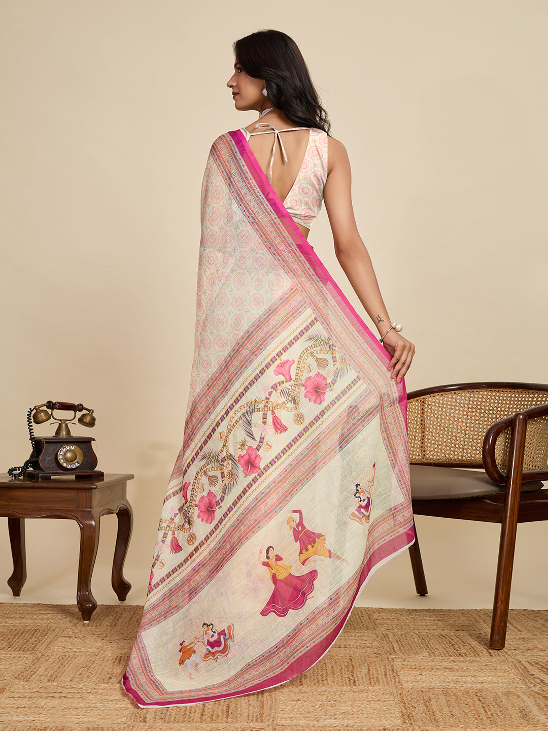 Women's Cream Linen Saree with Jari Border and Blouse – Printed All Over Design