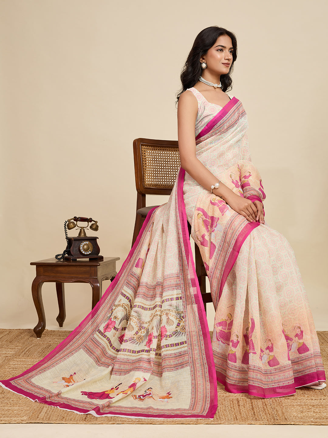 Women's Cream Linen Saree with Jari Border and Blouse – Printed All Over Design