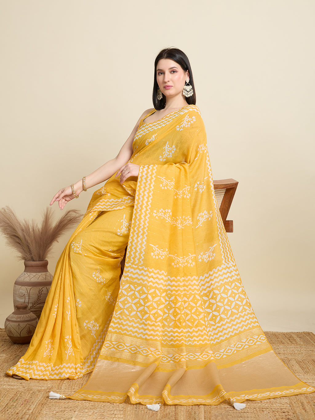 Yellow Semi-Cotton Sequin Saree – Elegant Choice for Intimate & Grand Weddings