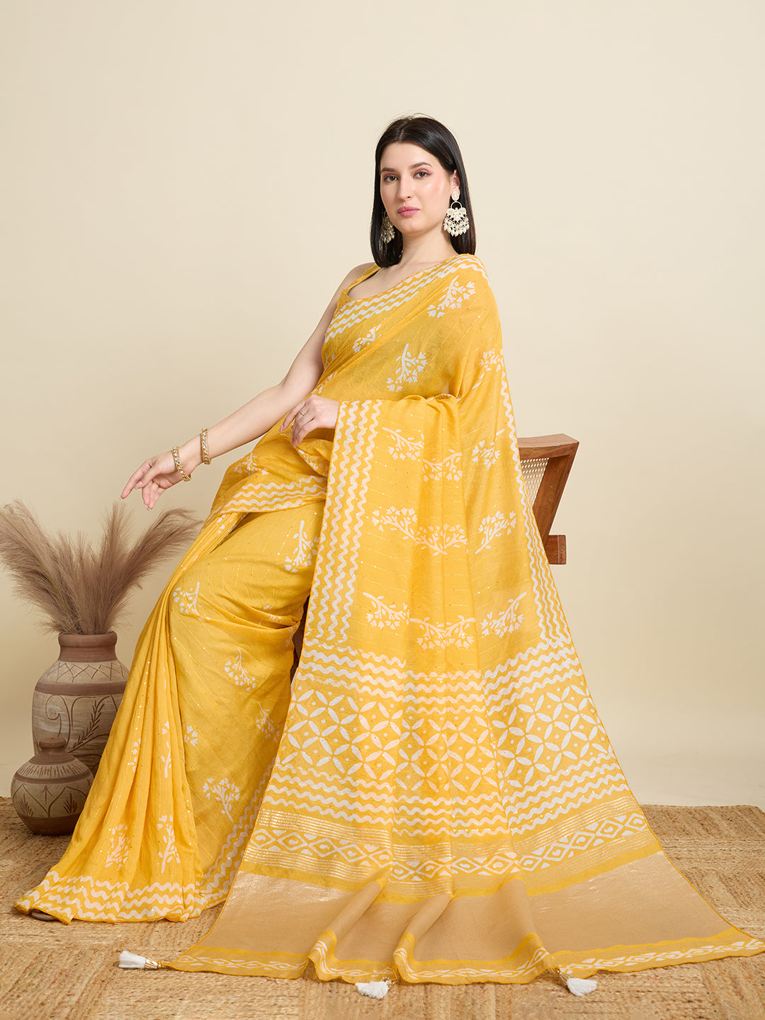 Yellow Semi-Cotton Sequin Saree – Elegant Choice for Intimate & Grand Weddings