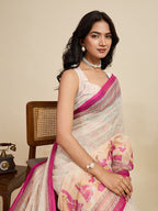 Women's Cream Linen Saree with Jari Border and Blouse – Printed All Over Design