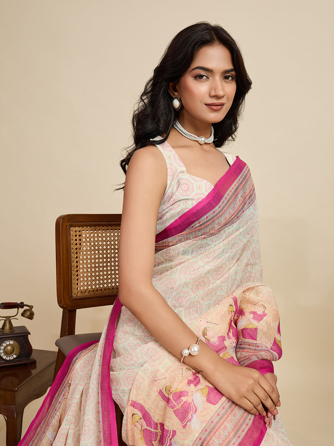Women's Cream Linen Saree with Jari Border and Blouse – Printed All Over Design