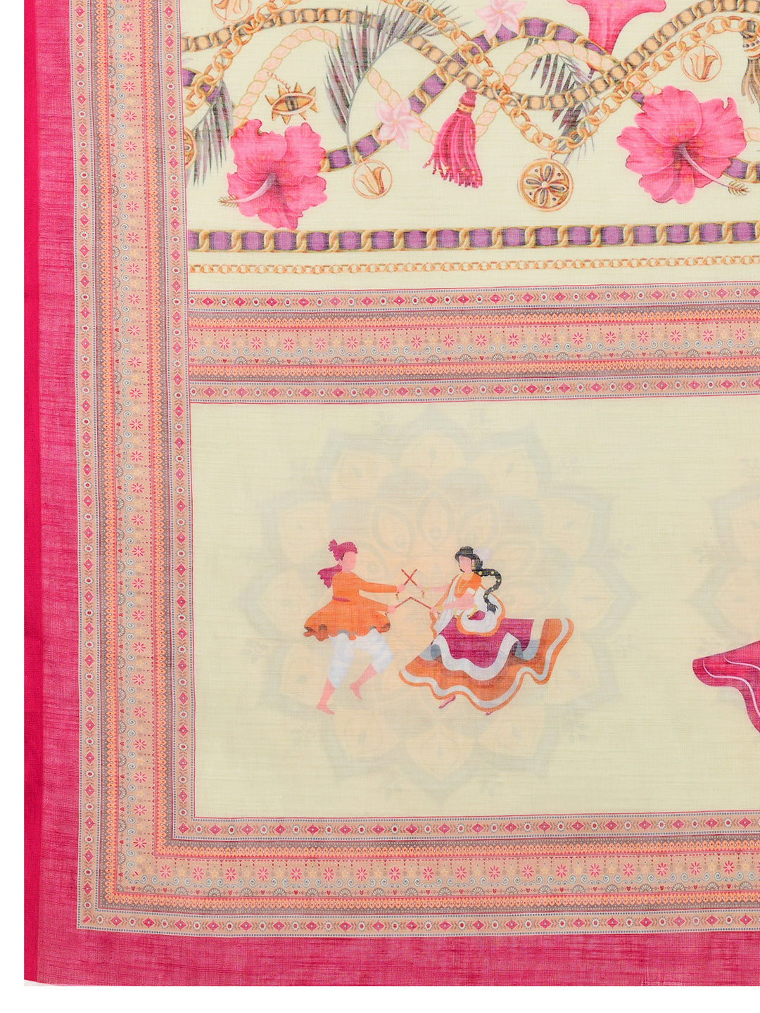 Women's Cream Linen Saree with Jari Border and Blouse – Printed All Over Design