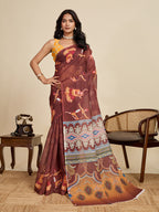 Women's Coffee Linen Saree with Jari Border and Blouse – Printed All Over Design