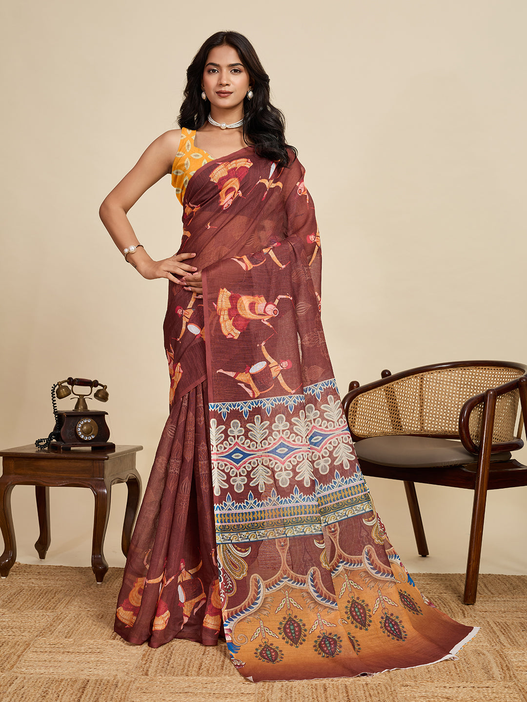 Women's Coffee Linen Saree with Jari Border and Blouse – Printed All Over Design