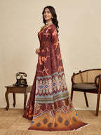 Women's Coffee Linen Saree with Jari Border and Blouse – Printed All Over Design