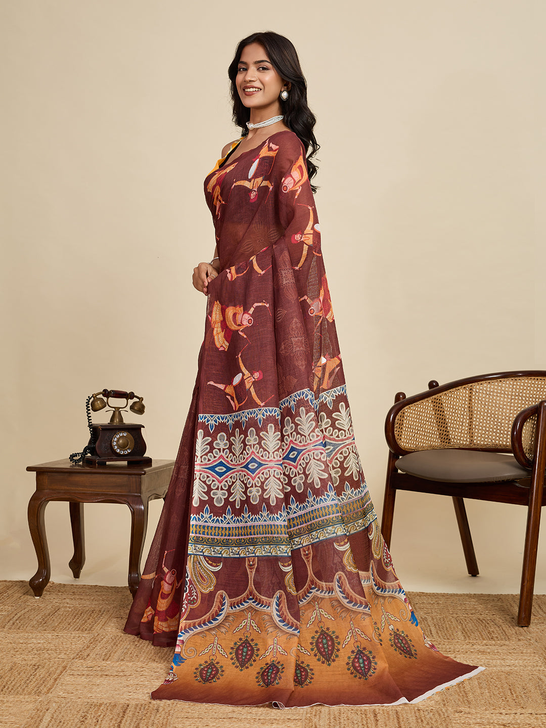 Women's Coffee Linen Saree with Jari Border and Blouse – Printed All Over Design