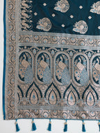 Soft Satin Silk Tourquise Blue Saree with Rich Zari Motifs, Contrast Border & Elegant Blouse