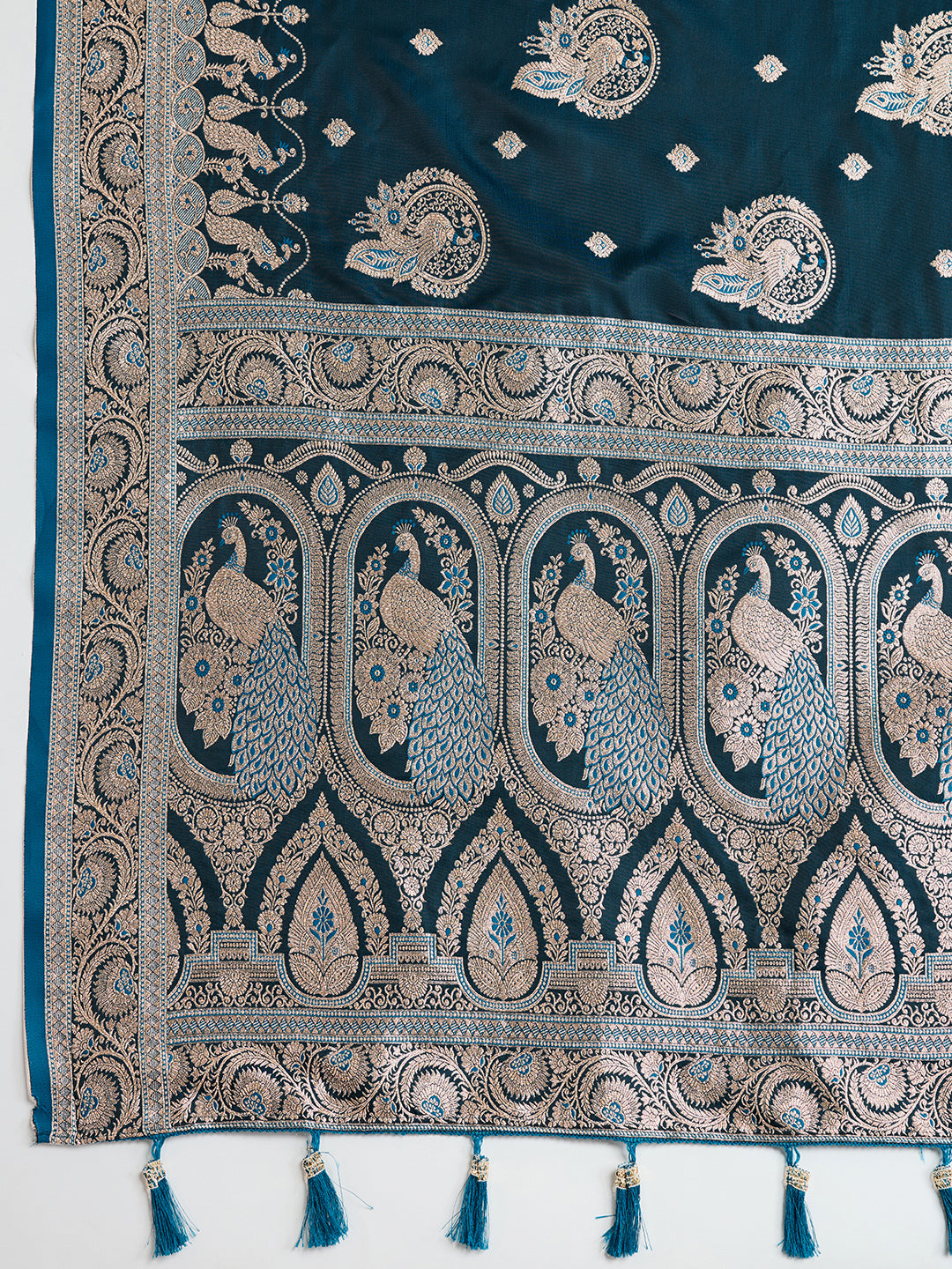 Soft Satin Silk Tourquise Blue Saree with Rich Zari Motifs, Contrast Border & Elegant Blouse