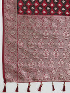 Soft Satin Silk Maroon Saree with Rich Zari Motifs, Contrast Border & Elegant Blouse