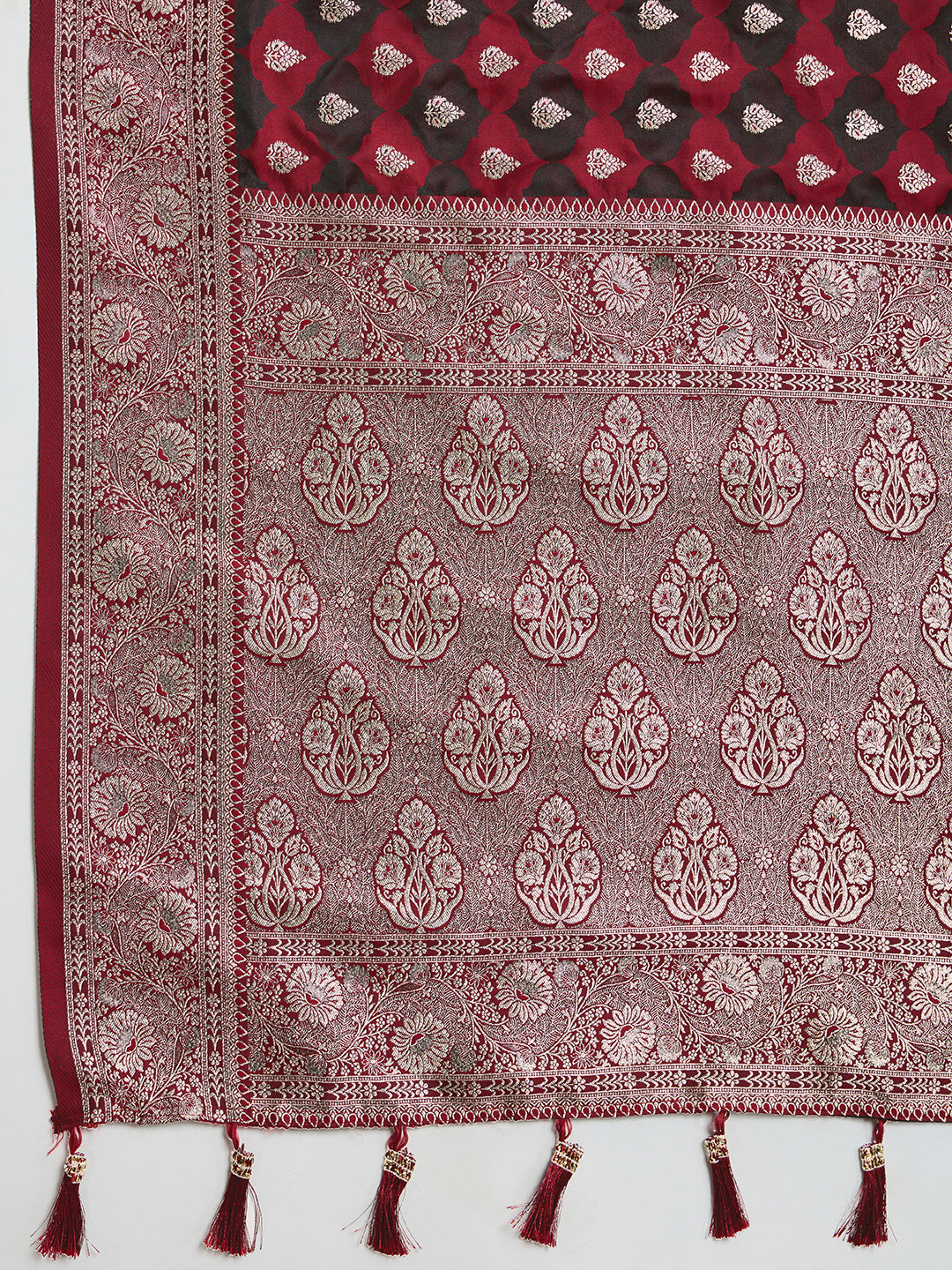 Soft Satin Silk Maroon Saree with Rich Zari Motifs, Contrast Border & Elegant Blouse