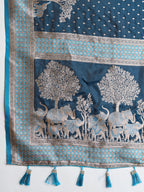 Soft Satin Silk Blue Saree with Rich Zari Motifs, Contrast Border & Elegant Blouse