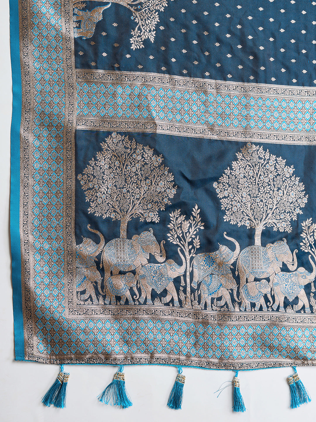 Soft Satin Silk Blue Saree with Rich Zari Motifs, Contrast Border & Elegant Blouse