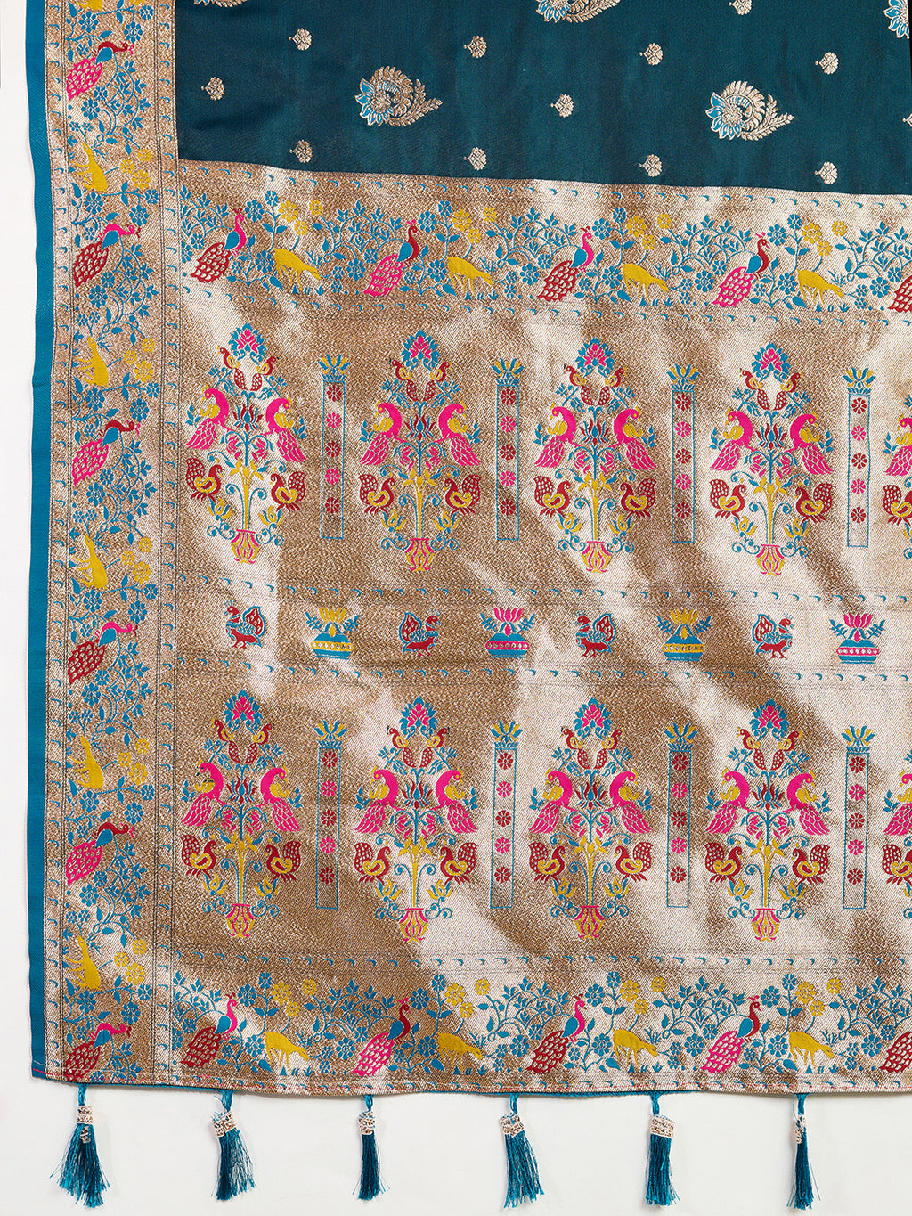 Blue Soft Silk Saree in Premium Two-Tone Satin with Paithani Design, Rich Zari Pallu & Contrast Mina Border