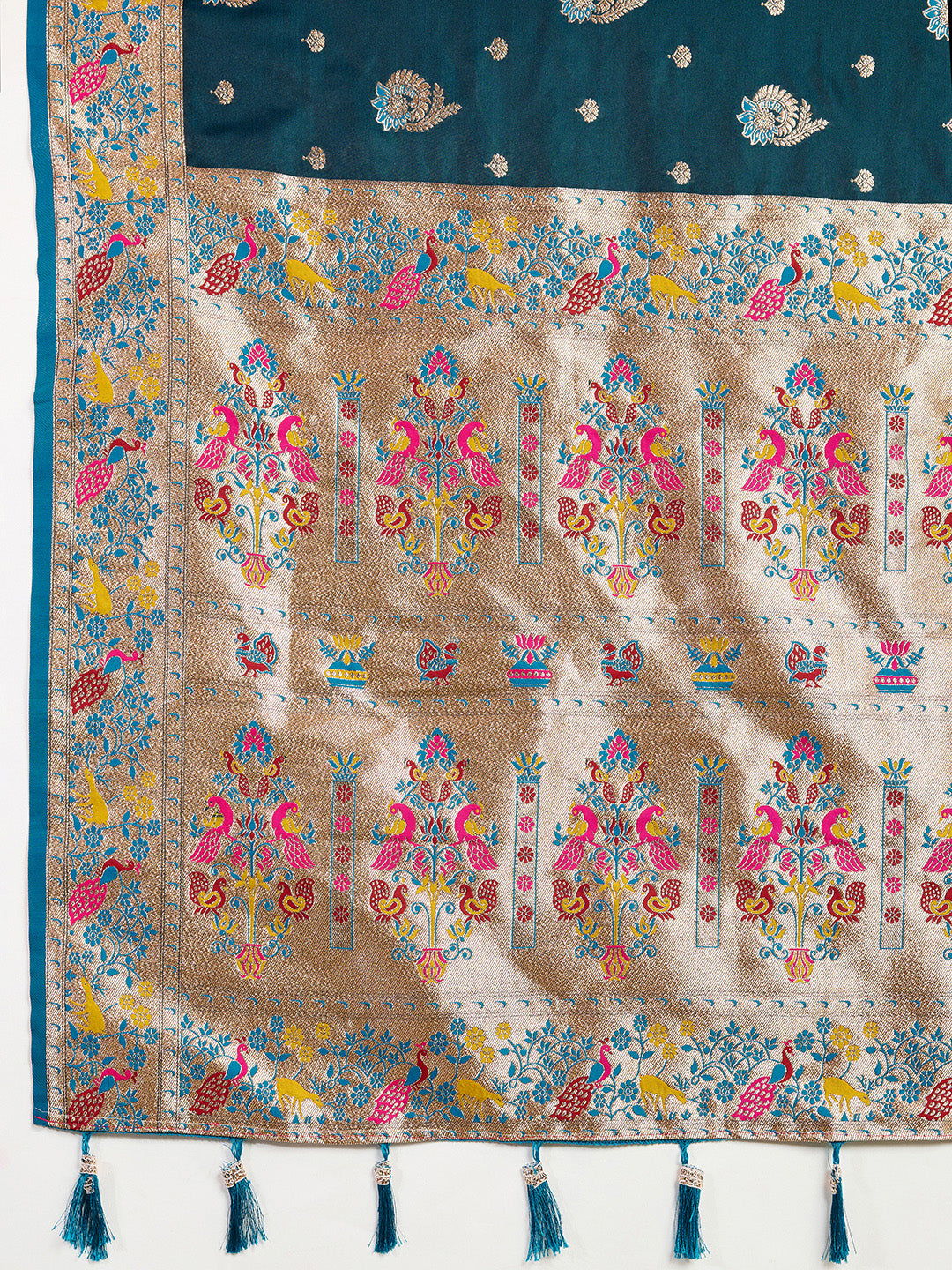 Blue Soft Silk Saree in Premium Two-Tone Satin with Paithani Design, Rich Zari Pallu & Contrast Mina Border