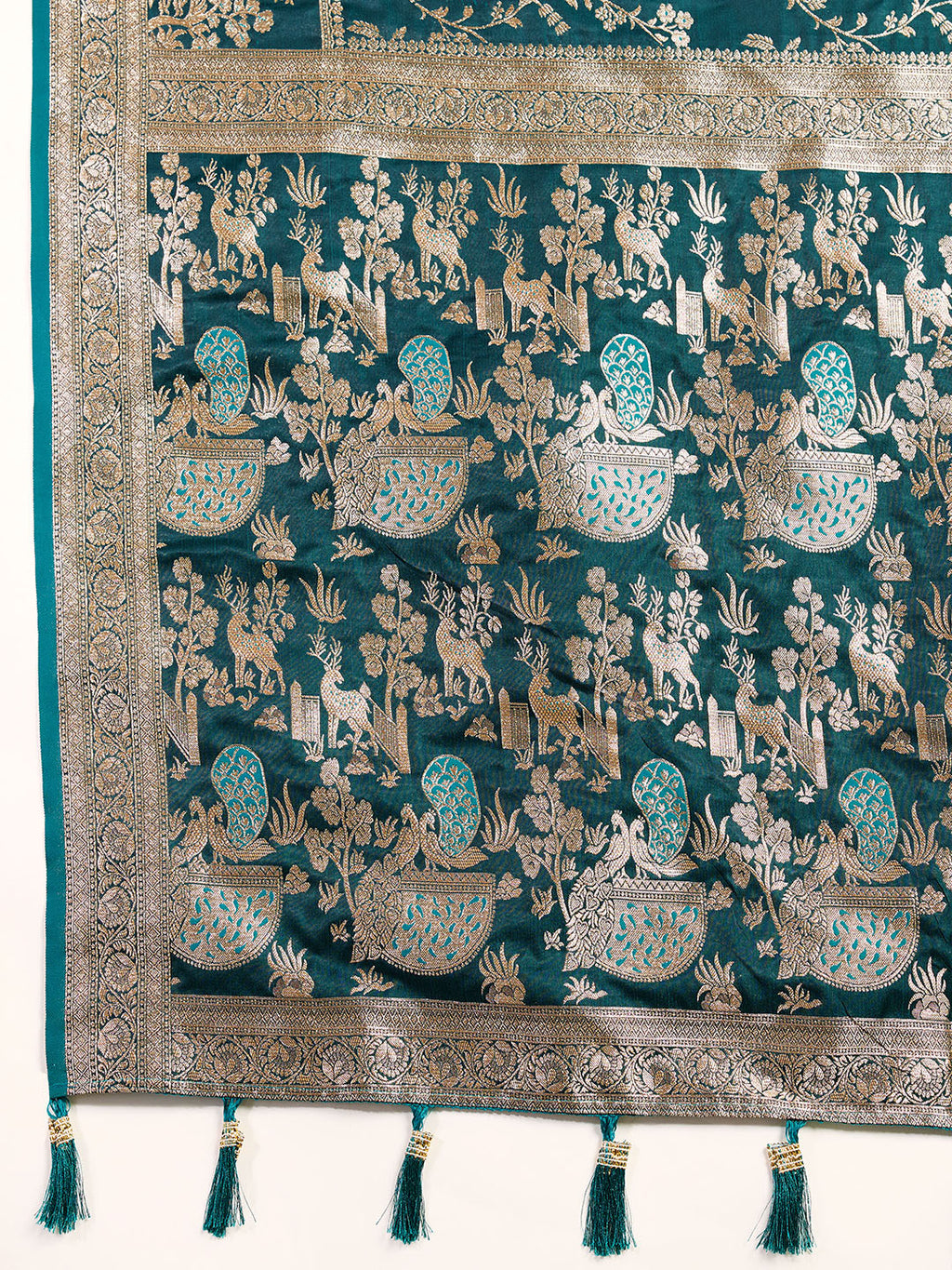 Premium Teal Two-Tone Satin Soft Silk Saree with All Over Zari Work & Contrast Woven Border