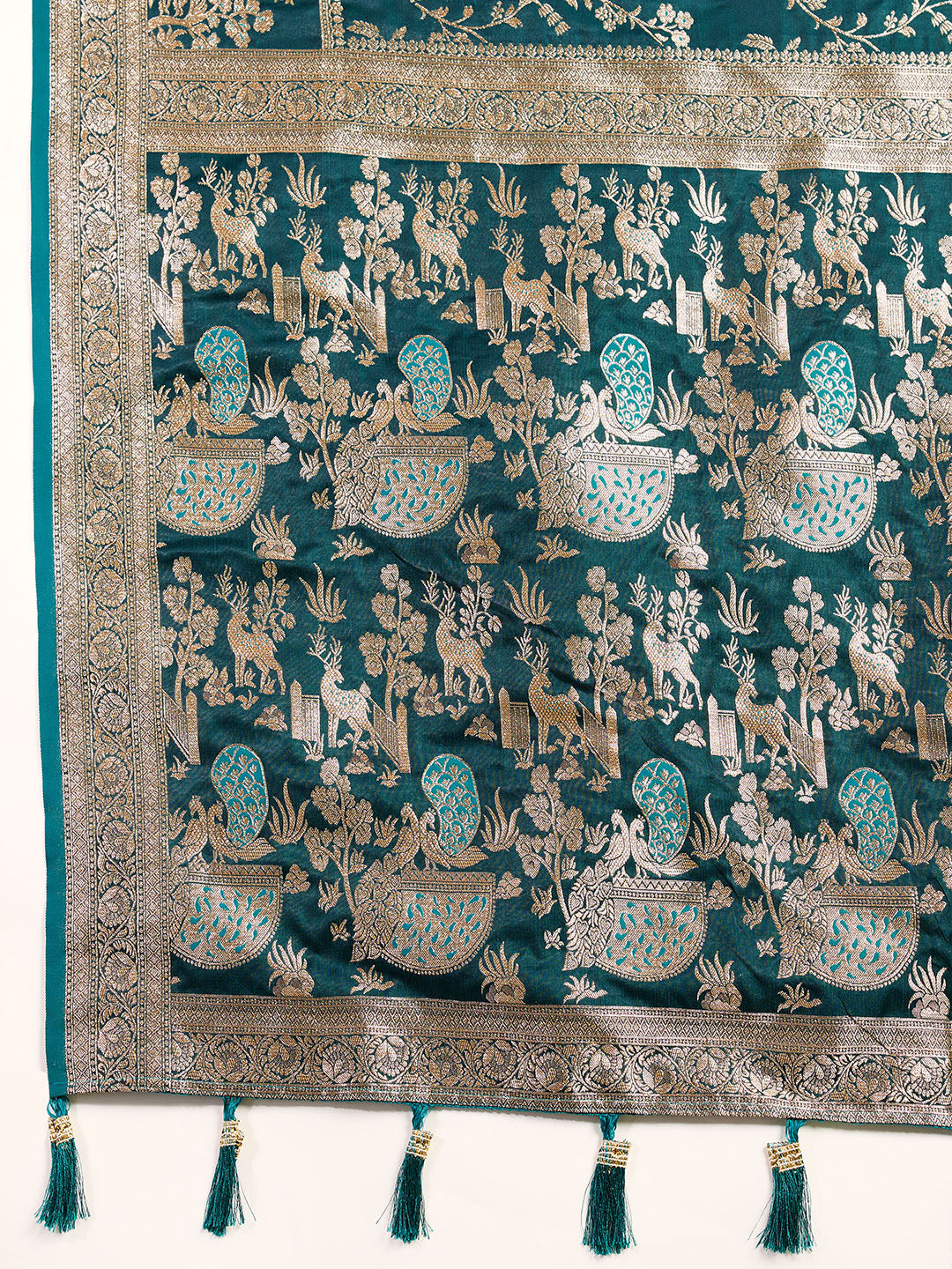 Premium Teal Two-Tone Satin Soft Silk Saree with All Over Zari Work & Contrast Woven Border