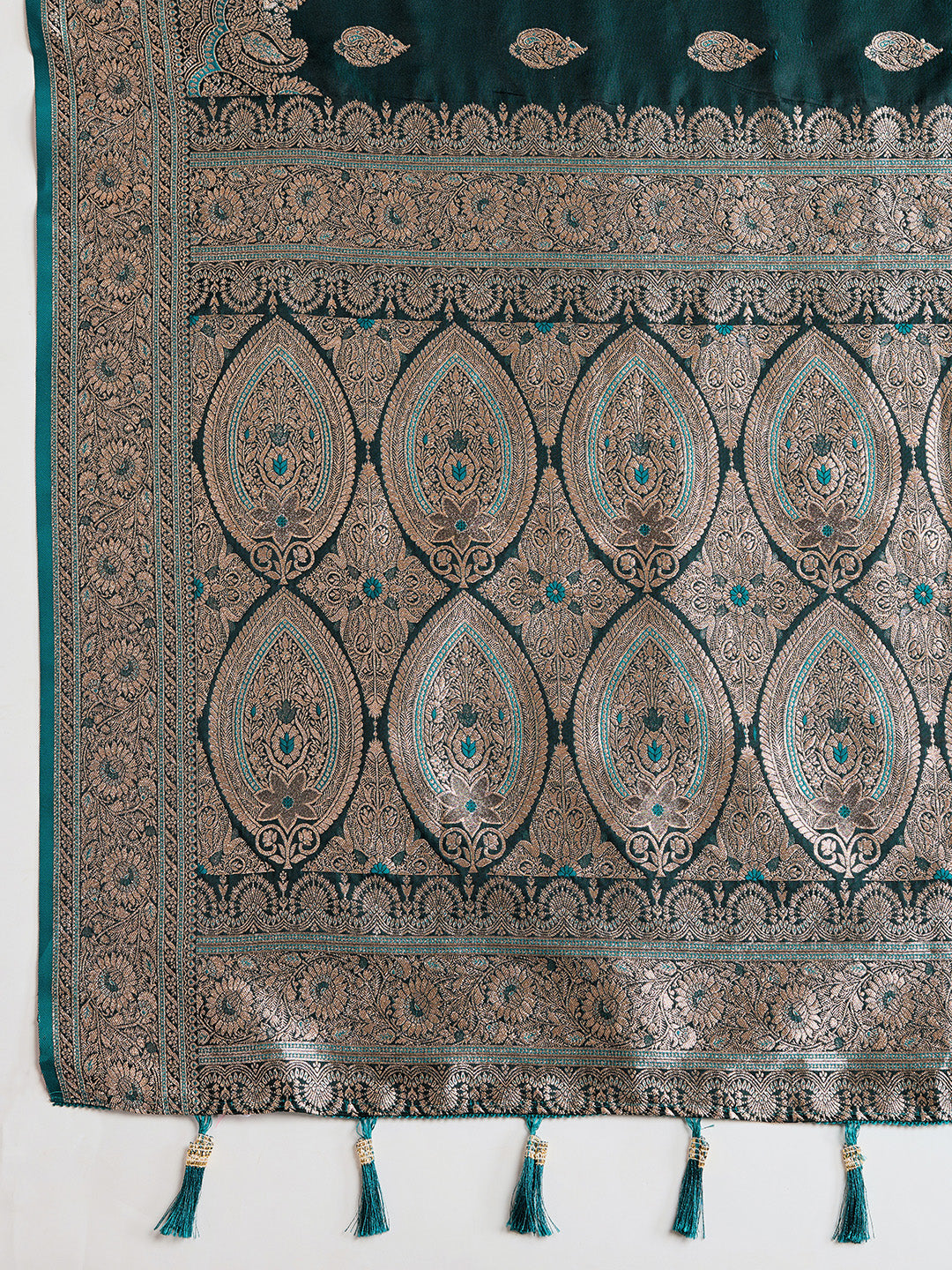 Soft Satin Silk Green Saree with Rich Zari Motifs, Contrast Border & Elegant Blouse