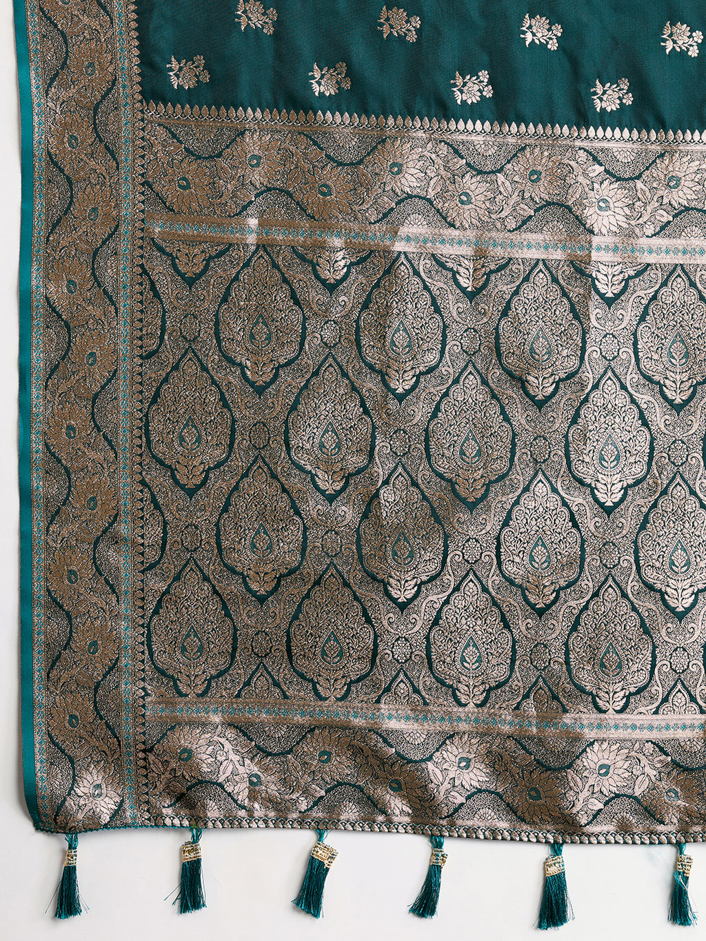 Soft Satin Silk Rama Green Saree with Rich Zari Motifs, Contrast Border & Elegant Blouse