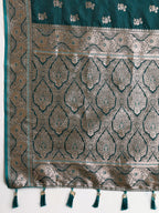Soft Satin Silk Rama Green Saree with Rich Zari Motifs, Contrast Border & Elegant Blouse