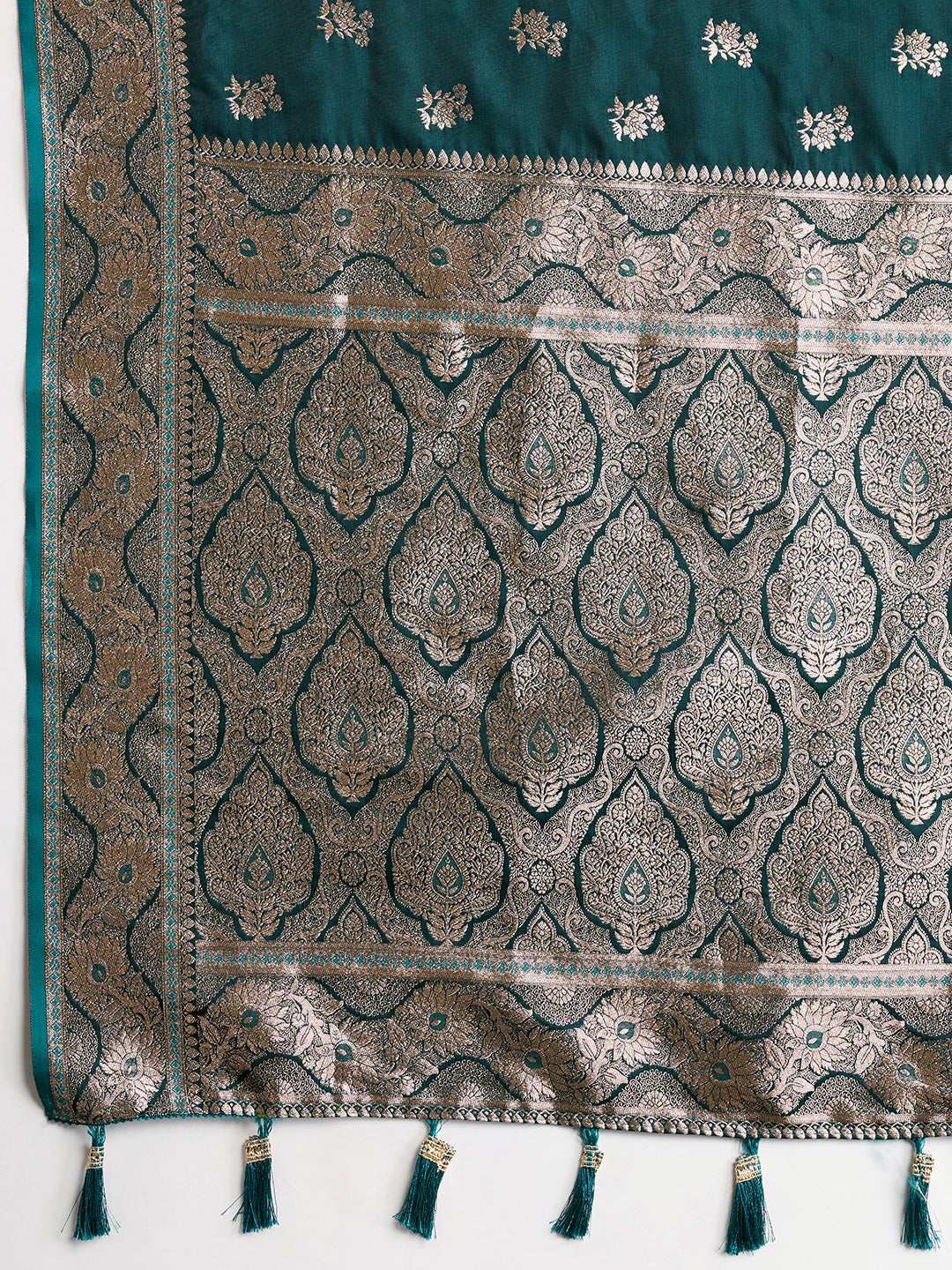 Soft Satin Silk Rama Green Saree with Rich Zari Motifs, Contrast Border & Elegant Blouse