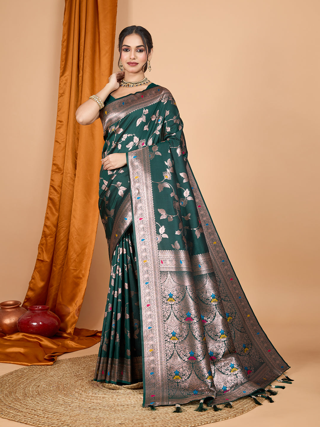 Dark Green Soft Banarasi Silk Saree Featuring Meenakari Zari Weaving & Tassels on Pallu