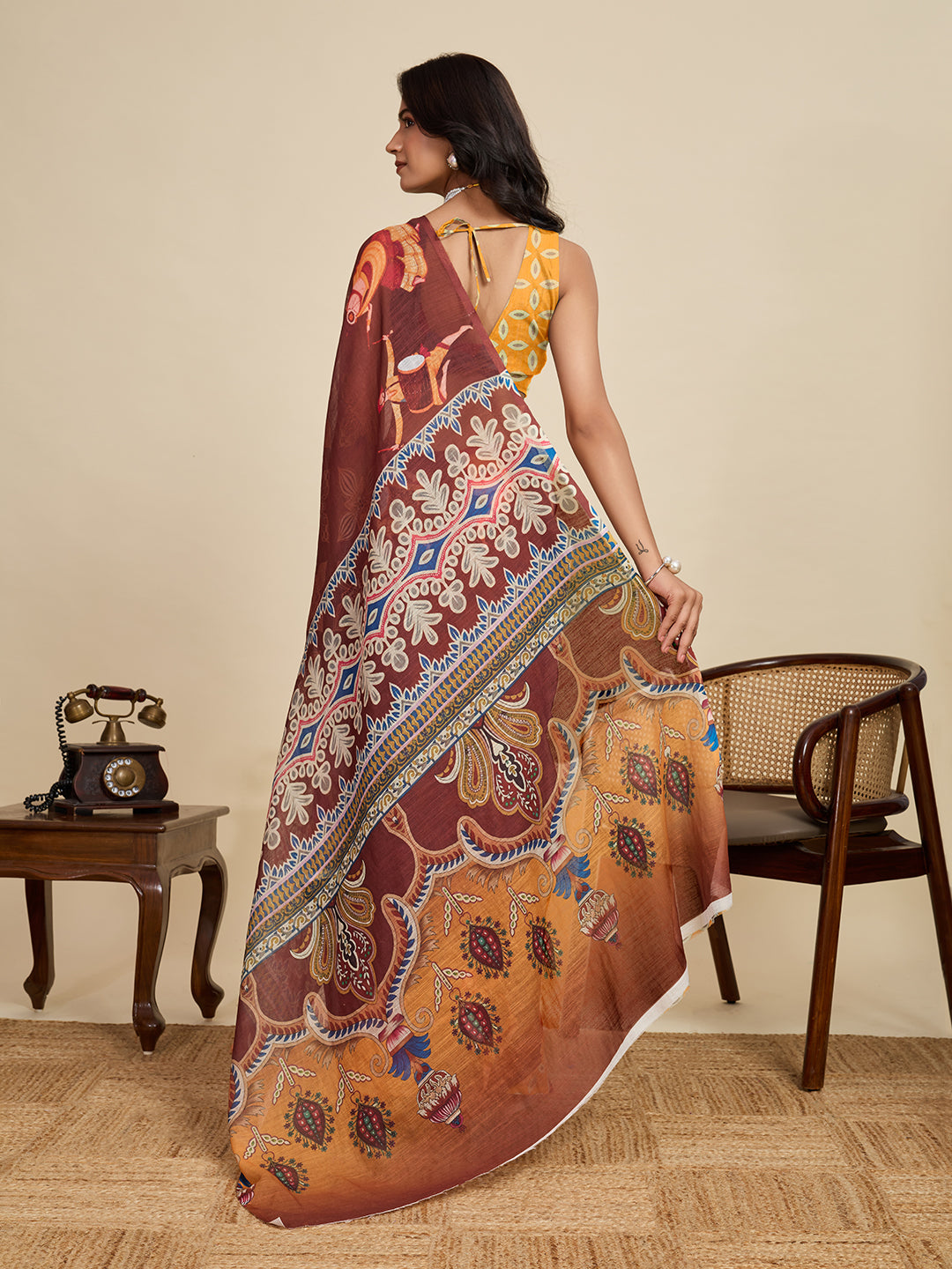 Women's Coffee Linen Saree with Jari Border and Blouse – Printed All Over Design