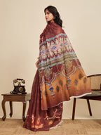 Women's Coffee Linen Saree with Jari Border and Blouse – Printed All Over Design