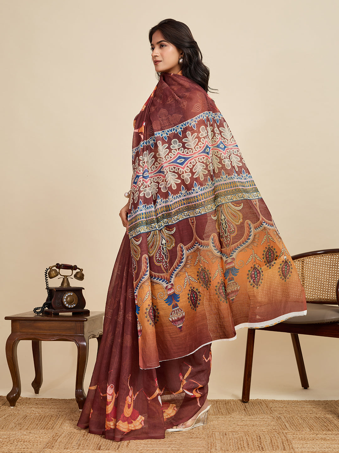 Women's Coffee Linen Saree with Jari Border and Blouse – Printed All Over Design