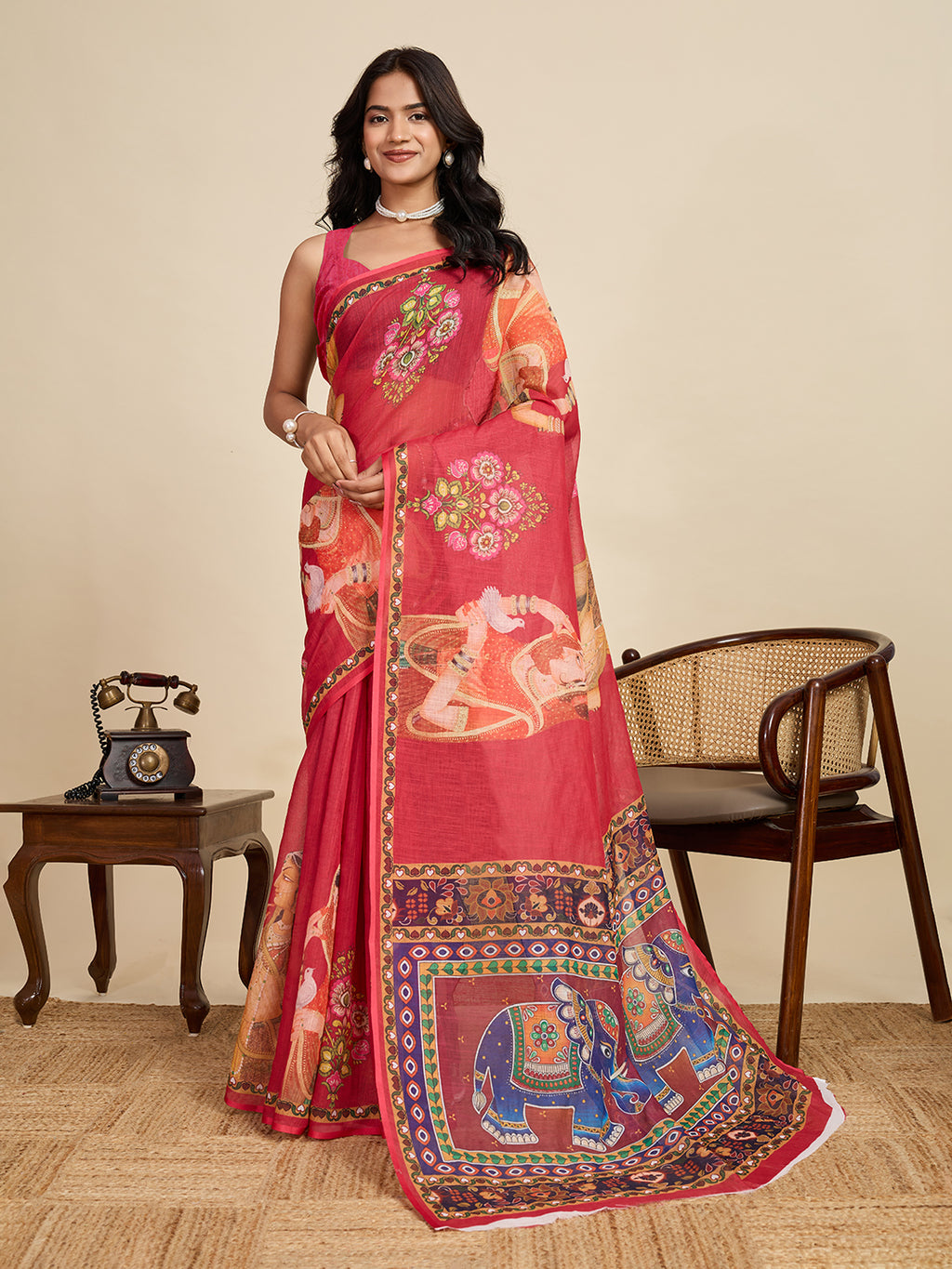 Women's Orange Colour Linen Saree with Jari Border and Blouse – Printed All Over Designer