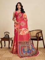 Women's Orange Colour Linen Saree with Jari Border and Blouse – Printed All Over Designer