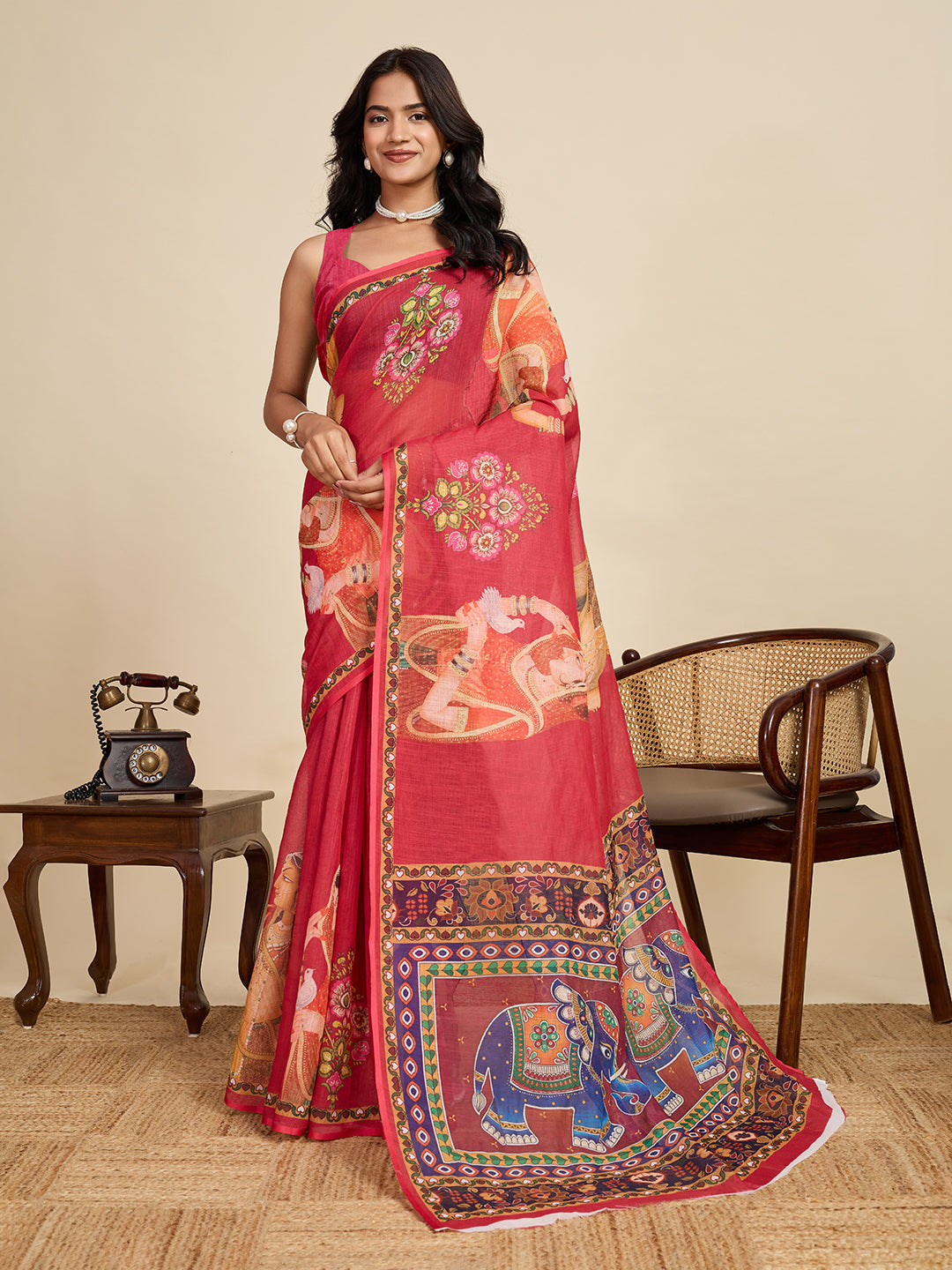 Women's Orange Colour Linen Saree with Jari Border and Blouse – Printed All Over Designer
