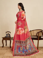 Women's Orange Colour Linen Saree with Jari Border and Blouse – Printed All Over Designer