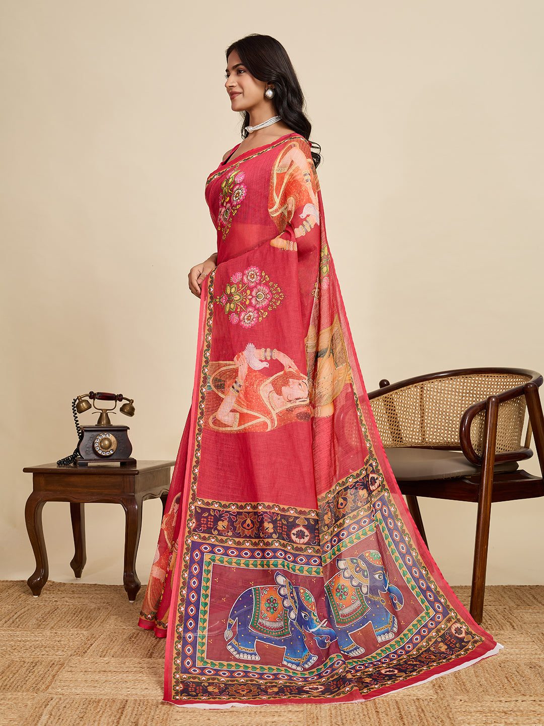 Women's Orange Colour Linen Saree with Jari Border and Blouse – Printed All Over Designer