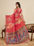Women's Orange Colour Linen Saree with Jari Border and Blouse – Printed All Over Designer