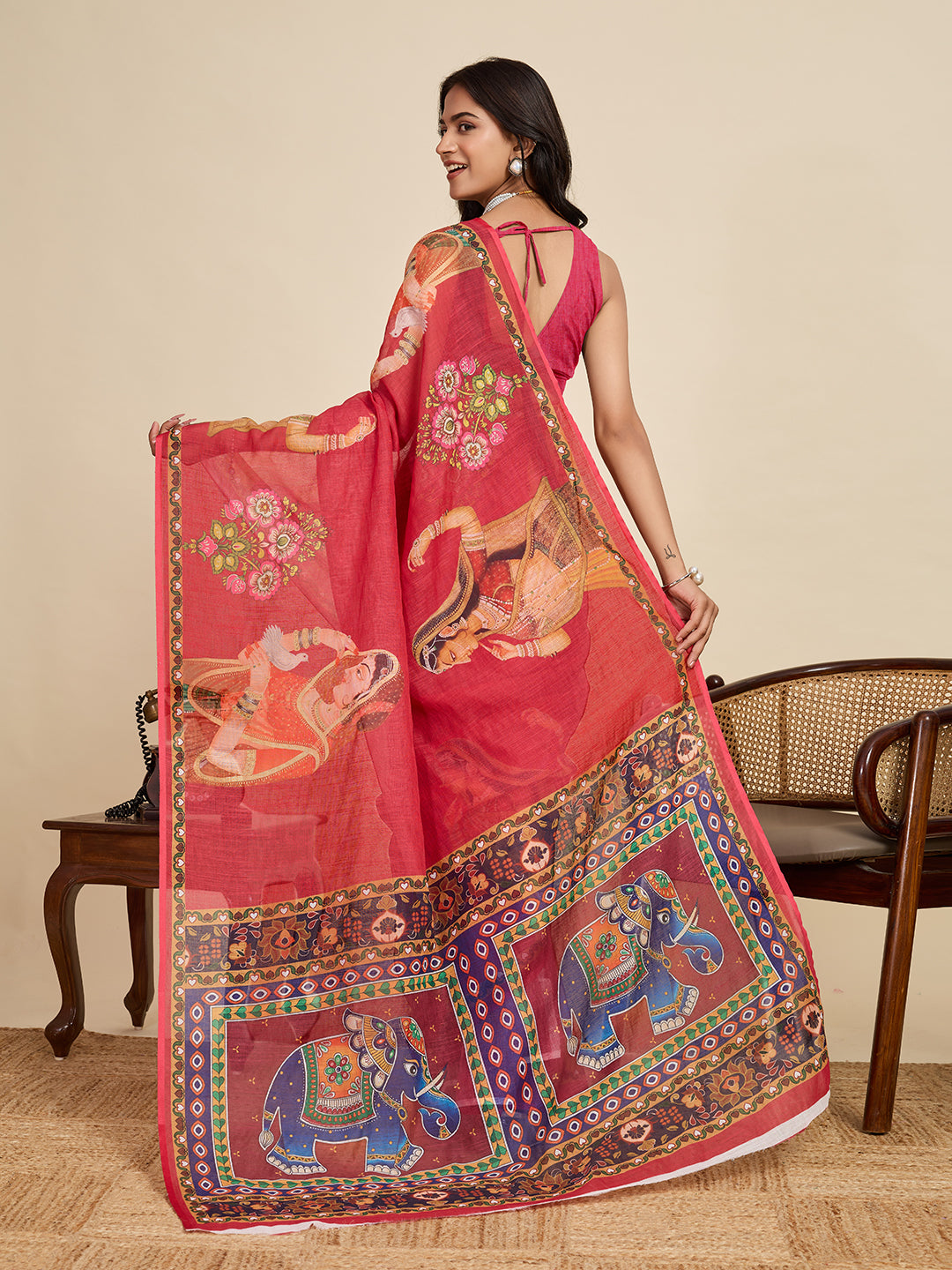 Women's Orange Colour Linen Saree with Jari Border and Blouse – Printed All Over Designer