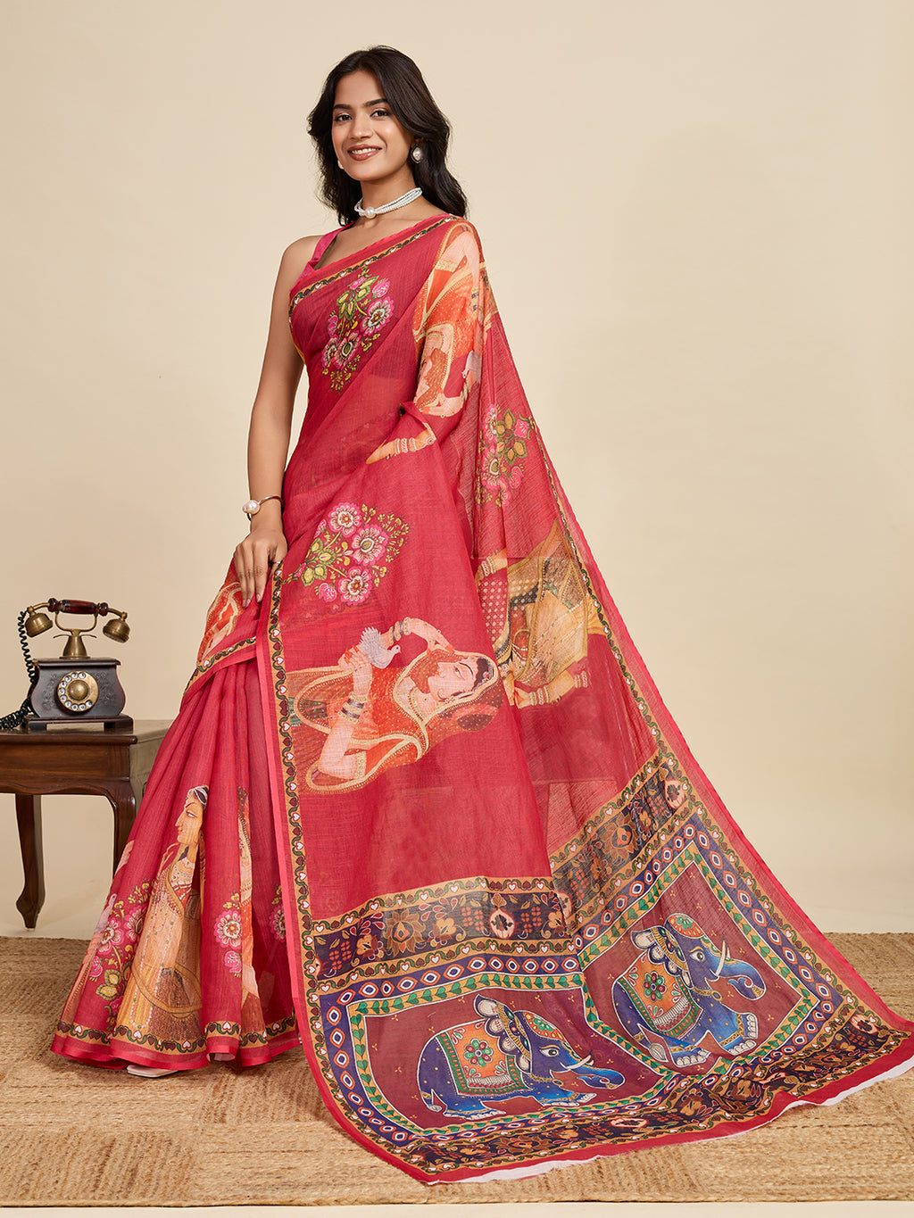 Women's Orange Colour Linen Saree with Jari Border and Blouse – Printed All Over Designer
