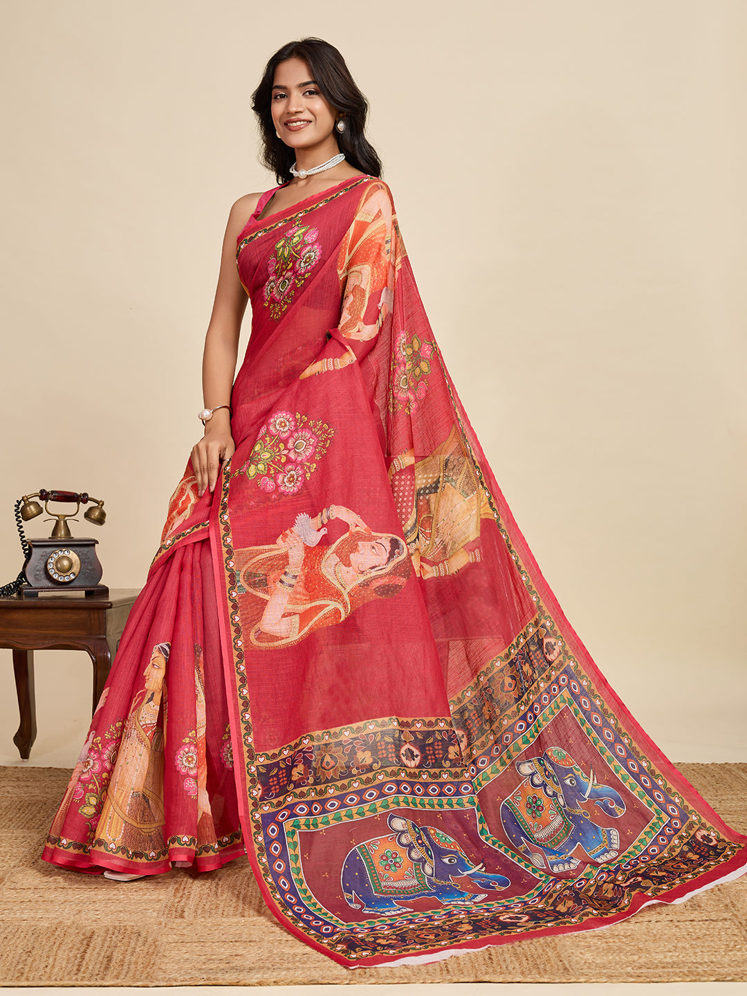 Women's Orange Colour Linen Saree with Jari Border and Blouse – Printed All Over Designer