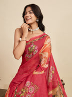 Women's Orange Colour Linen Saree with Jari Border and Blouse – Printed All Over Designer