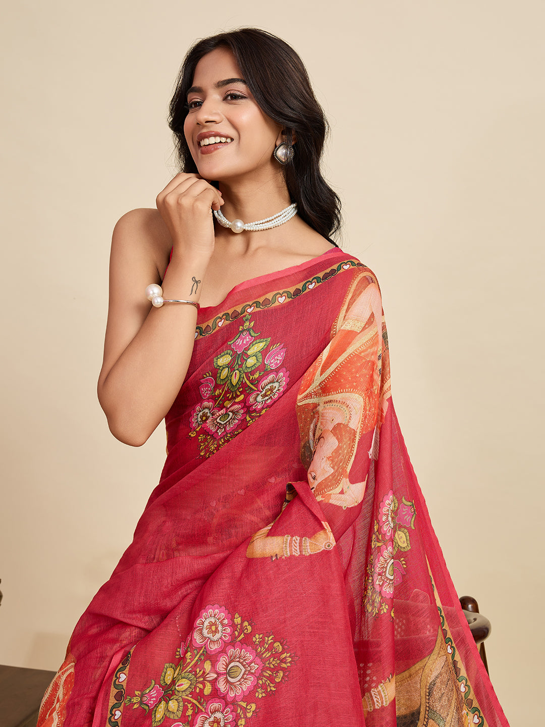Women's Orange Colour Linen Saree with Jari Border and Blouse – Printed All Over Designer
