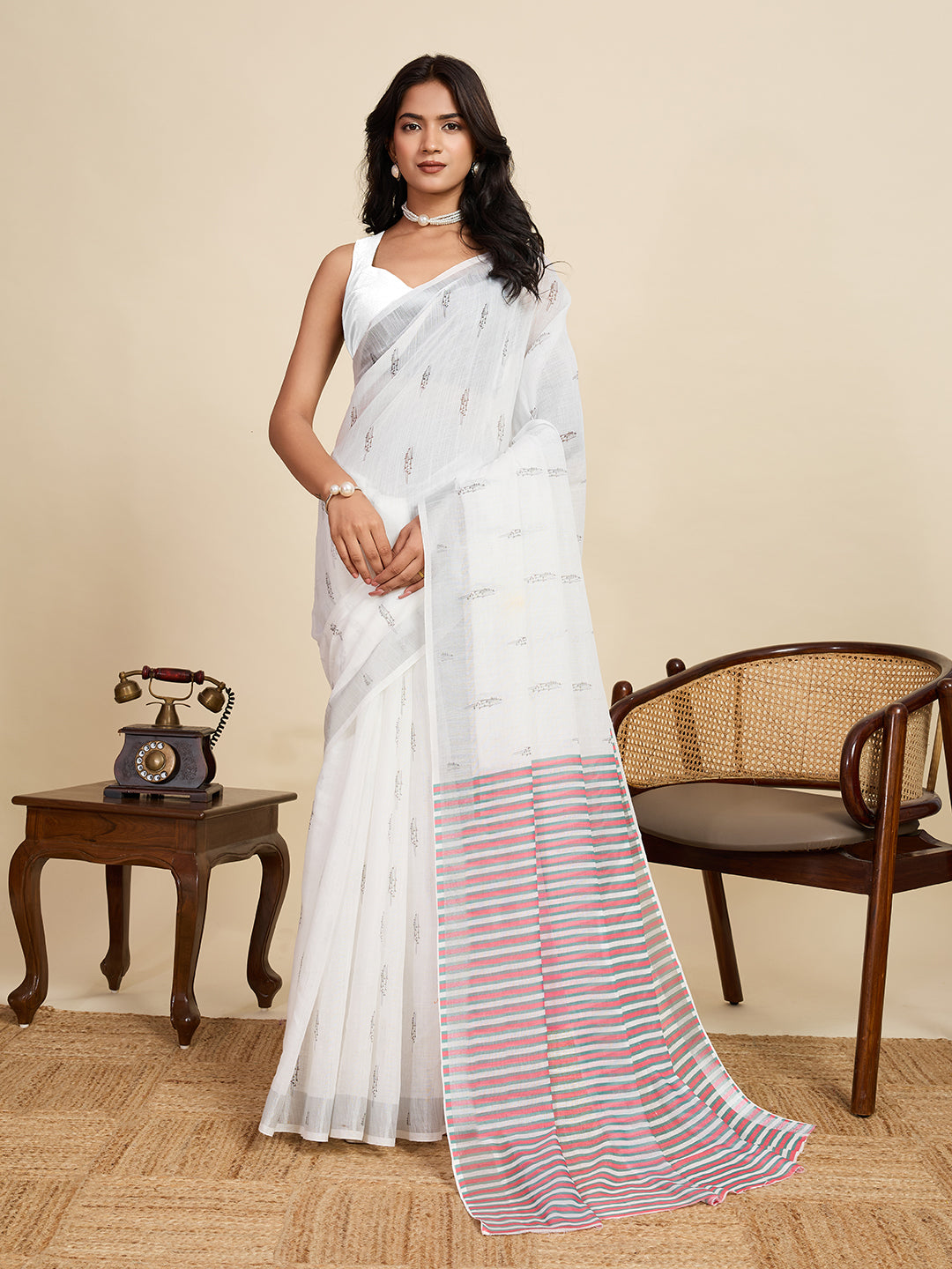 Women's White Color Linen Saree with Jari Border and Blouse – Printed All Over Designer